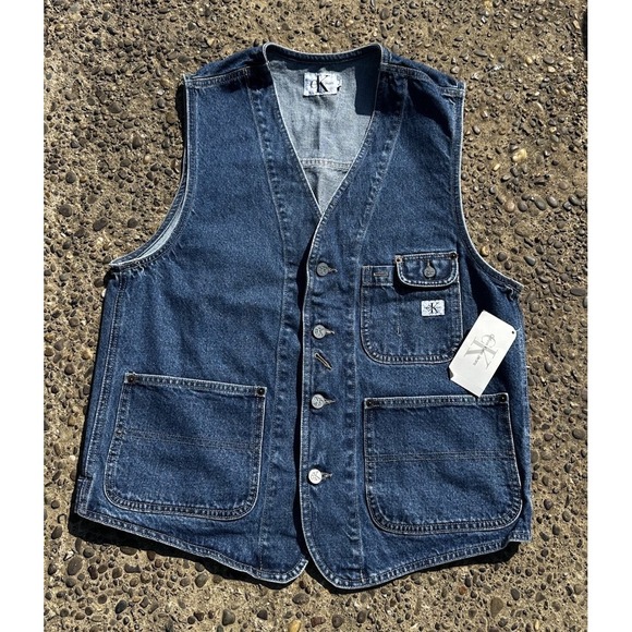 Vintage 90s Calvin Klein CK Made USA Mens Jeans Denim Vest L NOS READ